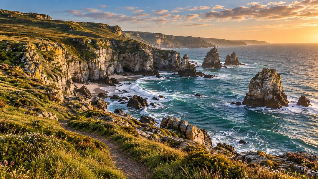 Sunlit coastal cliffs and sea stacks above blue-green water