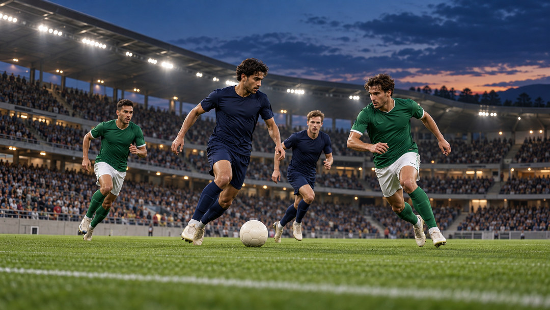 Football players in unbranded navy and green kits competing under floodlights