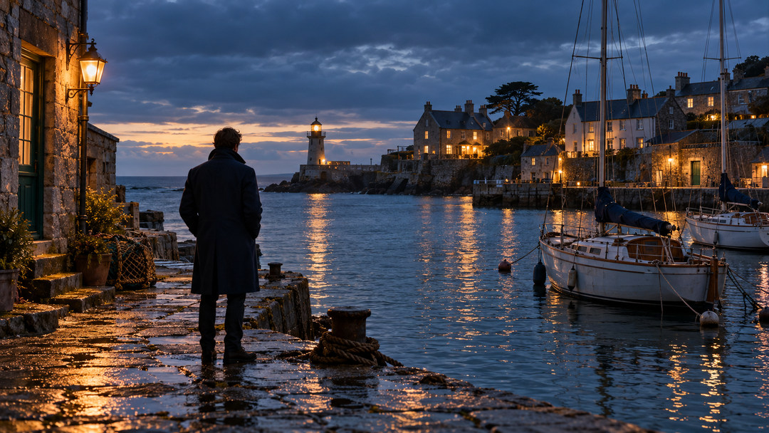 Cinematic harbor at dusk with a lone figure on the quay and a distant lighthouse
