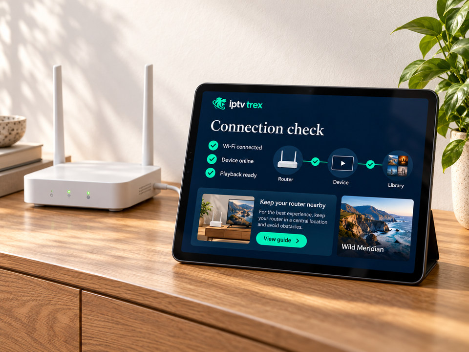 Home router next to a tablet showing a passed connection check
