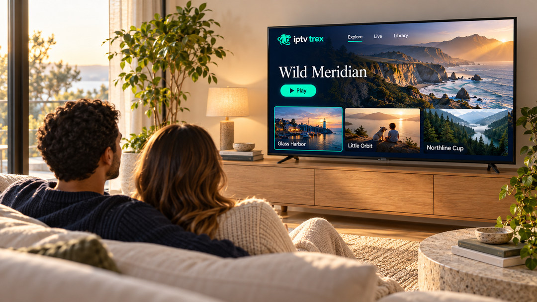 Two people relaxing on a sofa while a nature documentary library plays on the TV