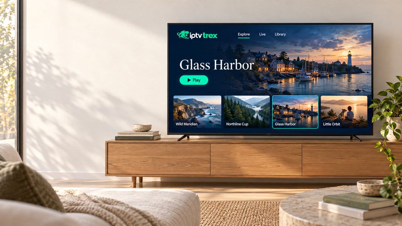 Trex IPTV library open on a wall-mounted TV in a bright, sunlit living room