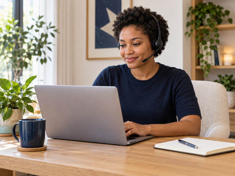 Support specialist with a headset answering messages at a laptop in a bright room