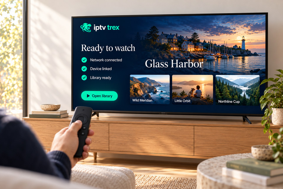 Hand holding a remote in front of a TV showing a completed setup checklist