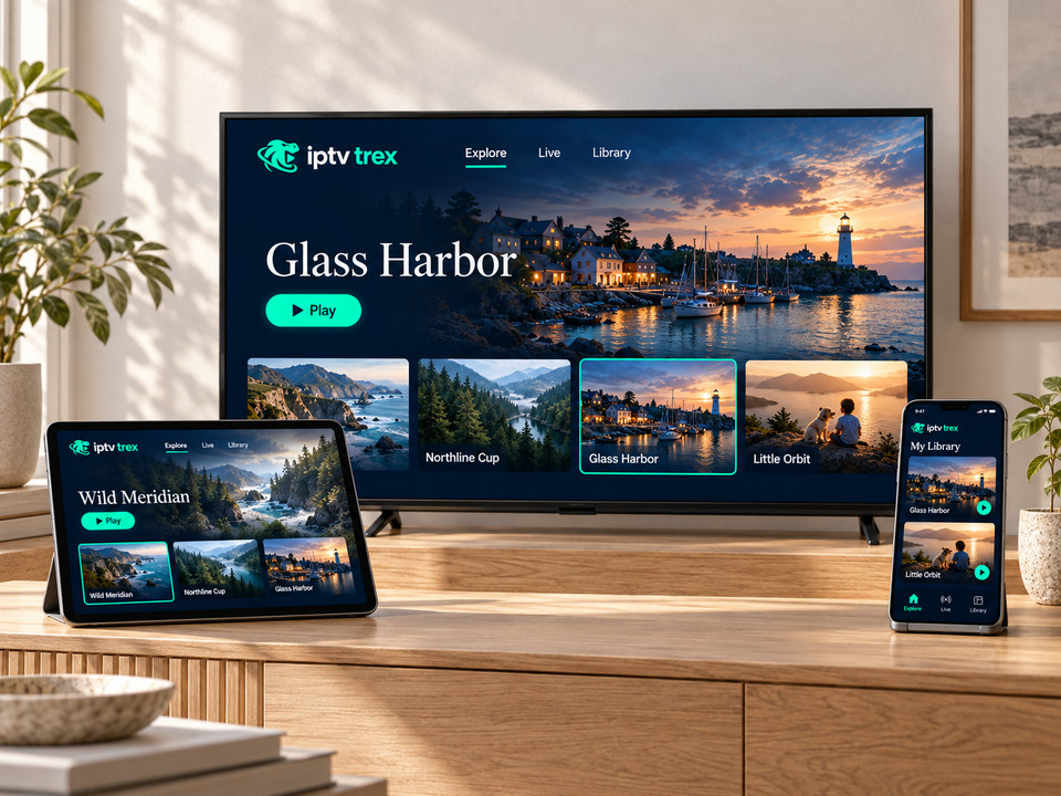 The same streaming library open on a television, a tablet and a phone